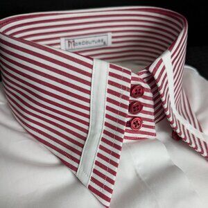 MorCouture Womens White Red Striped Strap High Collar Shirt